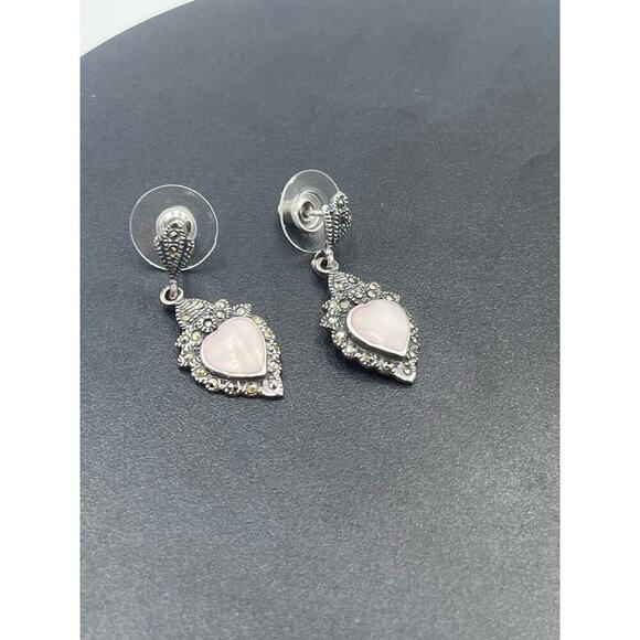 Vtg Signed M 925 Sterling Silver
Marcasite Mother of Pearl Heart
Dangle Earrings - Picture 5 of 15